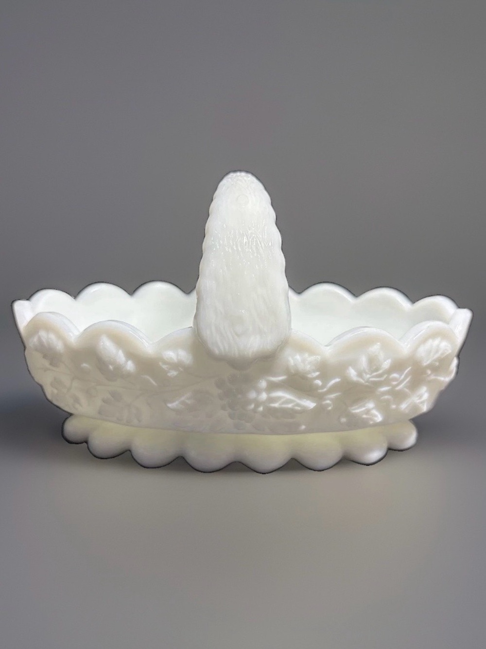 Westmoreland Paneled Grapes Milk Glass Split Handle Trinket Basket Cottage Core